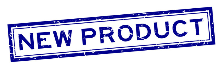 Grunge blue new product square rubber seal stamp on white background