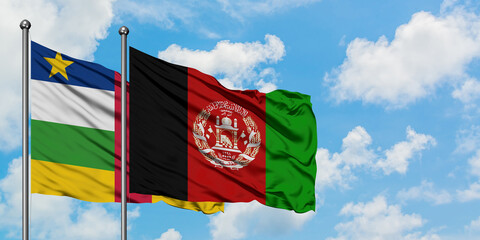 Central African Republic and Afghanistan flag waving in the wind against white cloudy blue sky together. Diplomacy concept, international relations.
