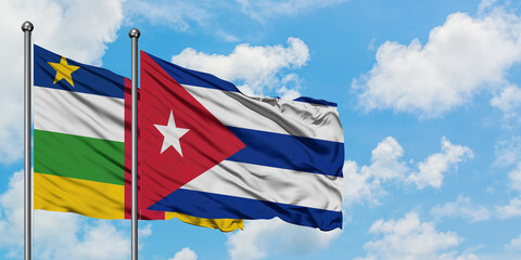 Central African Republic and Cuba flag waving in the wind against white cloudy blue sky together. Diplomacy concept, international relations.