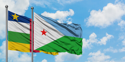 Central African Republic and Djibouti flag waving in the wind against white cloudy blue sky together. Diplomacy concept, international relations.