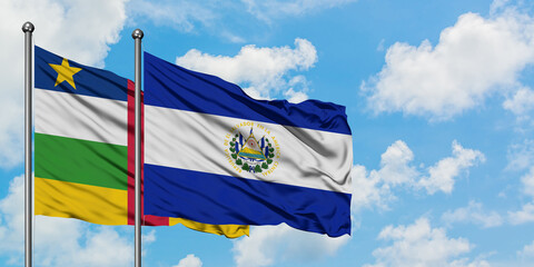 Central African Republic and El Salvador flag waving in the wind against white cloudy blue sky together. Diplomacy concept, international relations.