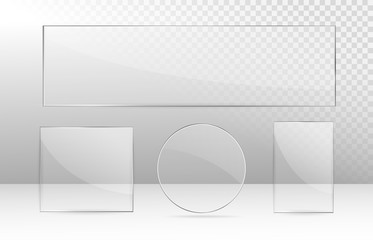 Realistic transparent glass window set. Collection of Glass plates on transparent background. Acrylic and glass texture with glares and light. Rectangle frame. Vector.	