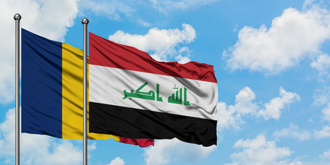 Chad and Iraq flag waving in the wind against white cloudy blue sky together. Diplomacy concept, international relations.