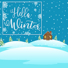 Winter snow landscape background with village