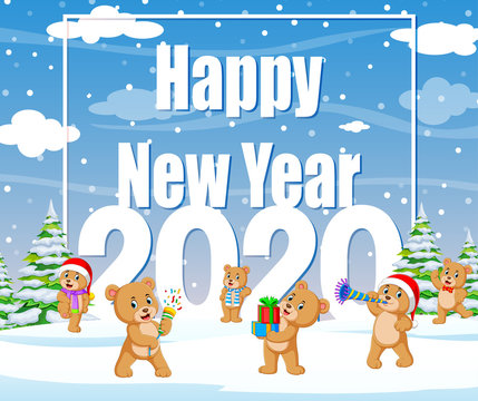 Happy new year winter background with bear a hat red knitted and gift boxes
