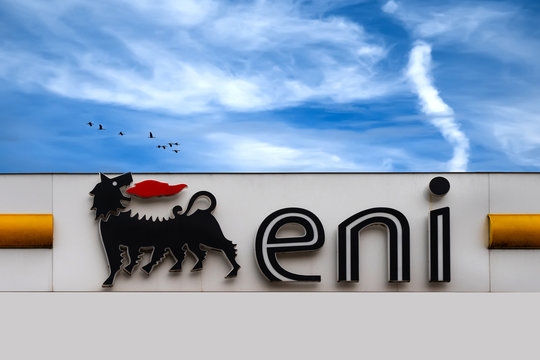 Bardolino, Italy - 10/31/2019: Eni S.p.A. in german Agip is an Italian multinational oil and gas company headquartered in Rome. Logo service station in Bardolino, Italy