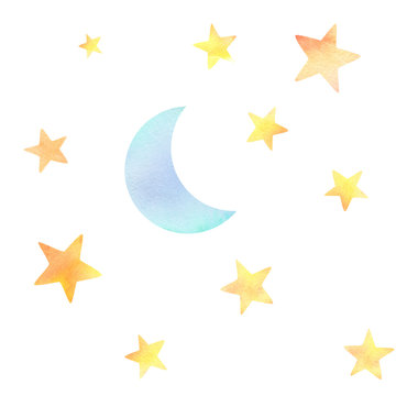 Set of stars and the Moon isolated on white background. Watercolor illustration. Perfect for making patterns, wrapping, childen textile, templates, wallpaper.