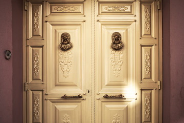 Elegant dark golden door with lionhead knockers, vignetted tunnel effect.