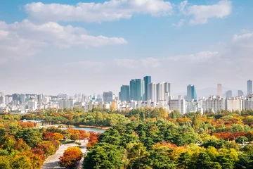 Fototapeten Pyeonghwa park and Seoul city panorama view from Sky park at autumn in Seoul, Korea © Sanga