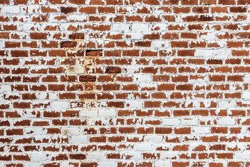 Background of old grunge brick wall texture with peeling plaster.