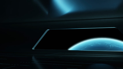 3D Rendering of planet earth with glowing light from cities and atmosphere. Wide angle view from space station with large curved glass window. Element of this image furnished by NASA. 