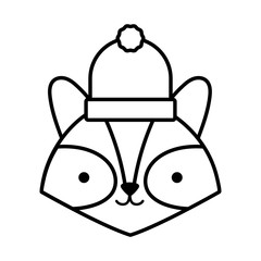 little cute raccoon head with hat cartoon thick line