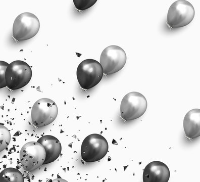 Festive background with helium balloons. Backdrop falling realistic ballon black and silver color. Celebrate a birthday, Poster, banner happy anniversary. vector illustration