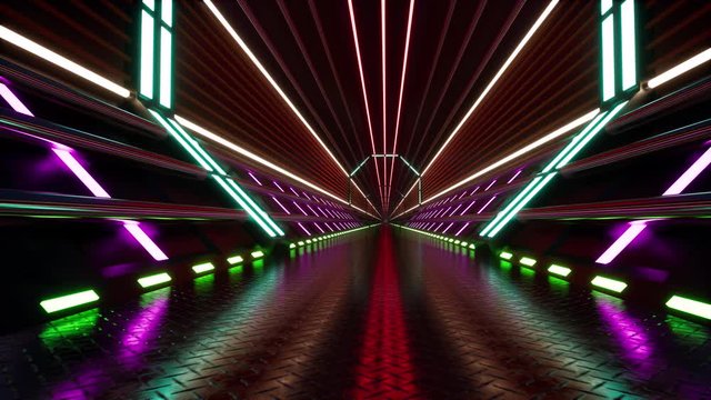 Hexagonal ultraviolet tunnel 3d footage. Futuristic corridor animation. Colorful fluorescent violet shining arch. Abstract motion graphic video. Scifi interior. Video game graphic