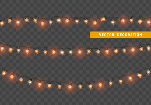 Christmas lights. Design element, decorations new year glowing lights. Decorative Xmas realistic objects. Holiday decor set of garlands. Isolated on transparent background. vector illustration