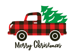 Cute truck with red buffalo plaid pattern carrying a Christmas tree vector illustration.