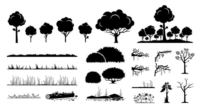 Tree, plants, and grass vector graphic design. A set of tree, foliage, grass, forest, flower, bushes, branches, and vines in black silhouette style.