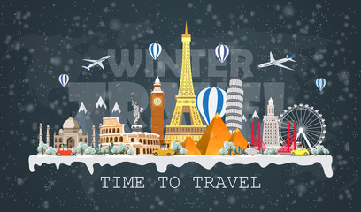 Naklejka premium Winter travel to World. Christmas holidays. Road trip. Big set of famous landmarks of the world. Time to travel, tourism, summer holiday. Different types of journey. Flat design vector illustration