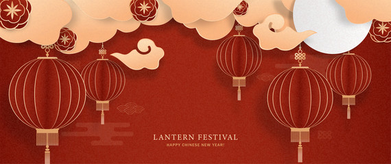 Lantern Festival and Happy Chinese New Year with red lanterns and clouds on red Chinese pattern background. Paper cut style. Vector illustration.