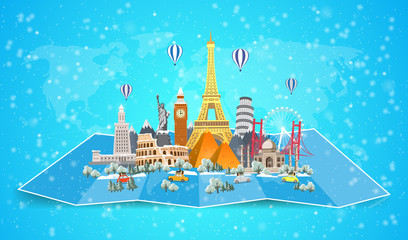 Winter travel to World. Christmas holidays. Road trip. Big set of famous landmarks of the world. Time to travel, tourism, summer holiday. Different types of journey. Flat design vector illustration