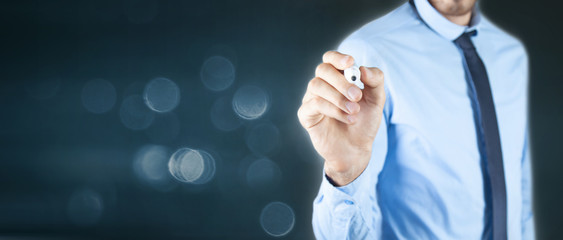 business man presses on touch screen