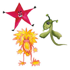 Abstract watercolour set of monster for decoration design. Character design. Abstract character sign .  geometric illustration. Graphic abstract background.