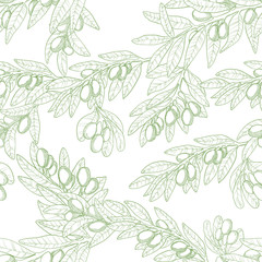 Naklejka premium Vector seamless pattern in outline with green olive brunches. Linocut olive repeated background. Hand drawn illustration backdrop. Organic sketches elements.