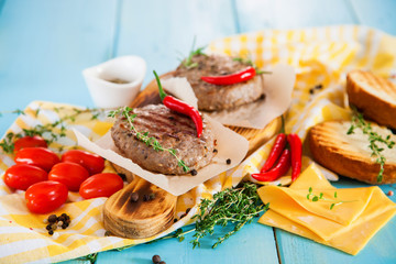 ingredients for a hamburger on a table, selective focus, copy space