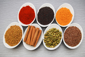 Healthy Spices - Flax Seed, Chili Powder,  Fenugreek, Turmeric, and Cinnamon in two rows