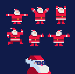 Santa Claus character, dancing, waving and greeting, for Christmas cards, banners, tags and labels. happy New Year. Pixel art style. isolated vector illustration.