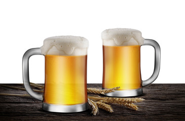 Two Glasses of Light Beer with wheat on the wooden table isolate white background, with copy space for your text