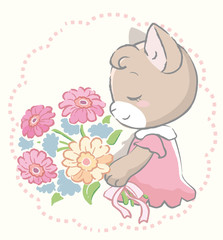 Cute kitten holding a bouquet. Vector illustration for invitation card, birthday card, baby wear design or other use.