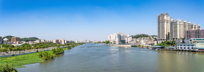 Fototapeta na wymiar Panorama of Pearl River Taiping Waterway and City Scenery in Humen Town, Dongguan City, Guangdong Province, China