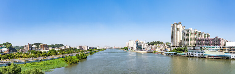 Panorama of Pearl River Taiping Waterway and City Scenery in Humen Town, Dongguan City, Guangdong Province, China