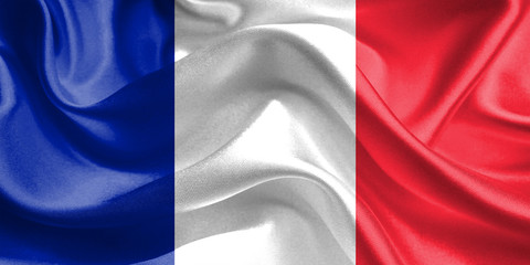French Flag. Flag of Paris. Waving Flags. 3D Realistic Background Illustration in Silk Fabric Texture