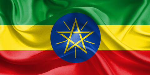 Ethiopia Flag. Flag of Ethiopia. Waving Flags. 3D Realistic Background Illustration in Silk Fabric Texture