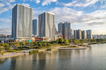 Fototapeta na wymiar Skyline of the commercial center of Jiaomen River in Nansha District, Guangzhou, China