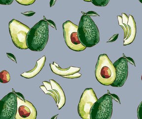 Seamless exotic vector pattern with sliced ​​avocado on a fashionable background. Seamless pattern of ripe avocados with seeds. Healthy eating Print, clothes, blankets, banner and more.