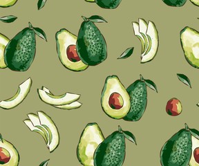 Seamless exotic vector pattern with sliced ​​avocado on a fashionable background. Seamless pattern of ripe avocados with seeds. Healthy eating Print, clothes, blankets, banner and more.