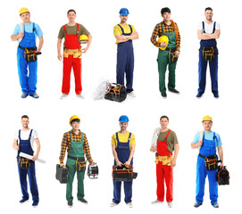 Different male electricians on white background