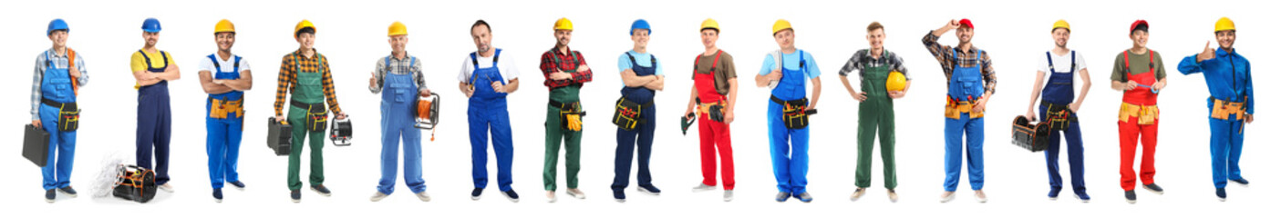 Different male electricians on white background - obrazy, fototapety, plakaty