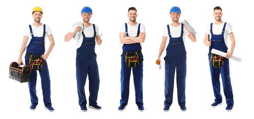 Collage with male electrician on white background