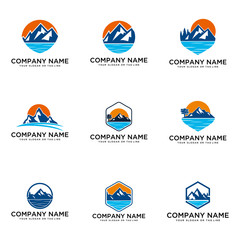 set logo design mountains rivers and sun logo vector template