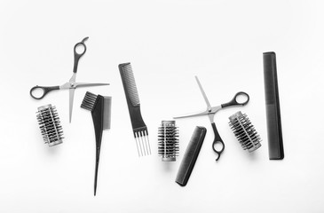 Professional hairdresser's set on white background