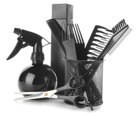 Professional hairdresser's set on white background