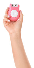 Fototapeta premium Female hand with modern epilator on white background