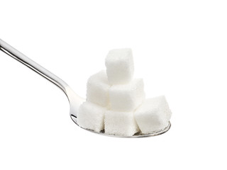 Spoon with sugar on white background