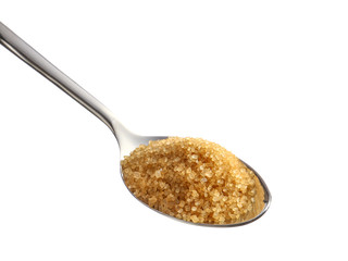 Spoon with brown sugar on white background