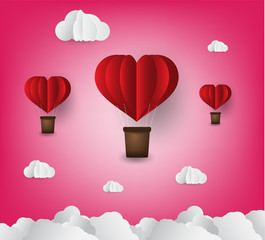 Origami made hot air balloon in a heart shape. paper art style. love