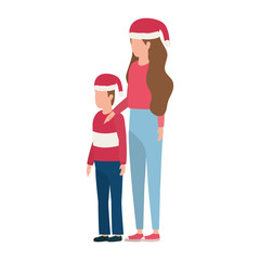 mother and son with christmas hats characters